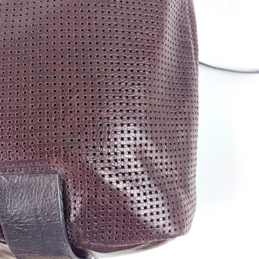 She + Lo Burgundy Perforated Leather Hobo Bucket Crossbody Shoulder Bag Edgy SEE